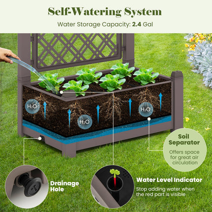 Dreamade Raised Garden Bed with Trellis 59”, Self-Watering Planter Box with Water Level Indicator & Removable Space Dividers