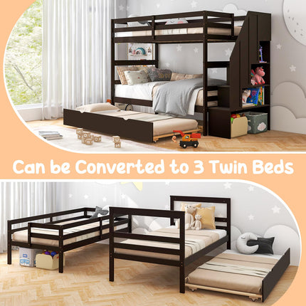 Dreamade Twin Over Twin Bunk Bed with Trundle and Storage Stairs, Solid Wood Bunk Bed Convertible 3 Bed Frames for Bedroom