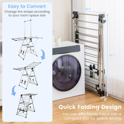 Dreamade Clothes Drying Rack, Aluminum Foldable Laundry Drying Rack with with 6-Level Adjustable Height