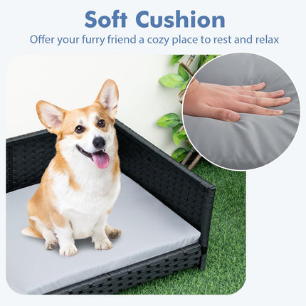 Dreamade Wicker Dog Bed, Raised Woven Rattan Pet Bed Sofa Couch w/Waterproof & Washable Cushion