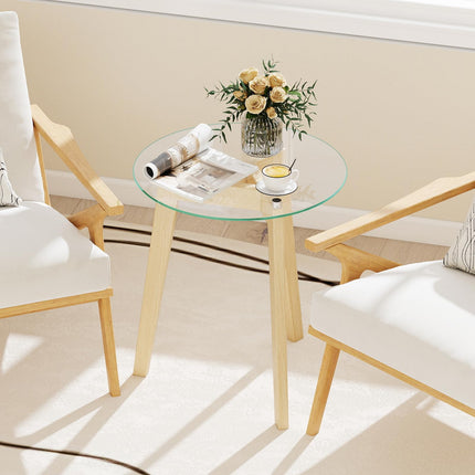 Dreamade Glass Round Side Table w/Tempered Glass Top & Rubber Wood Frame
