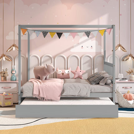 Dreamade Canopy Bed w/ Trundle, Full Size Kids Solid Wood Platform Bed Frame