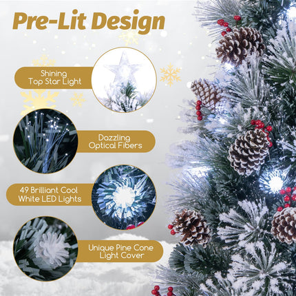 Dreamade Pre-lit Fiber Optic Christmas Tree, Artificial Snowy Xmas Tree with 49 Cool White LED Lights