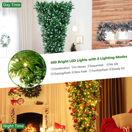 Dreamade 7.5ft Pre-lit Upside Down Christmas Tree, Hinged Inverted Artificial Xmas Tree W/ 1100 Snowy Branch Tips - DreamadeUS