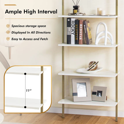 Dreamade 5 Tier Modern Wall Mounted Bookshelf, 71'' White and Gold Wood Bookcase with Steel Frame