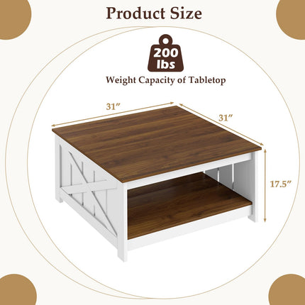 Dreamade Farmhouse Coffee Table 31 Inch Square Wood Coffee Table with Storage Shelf