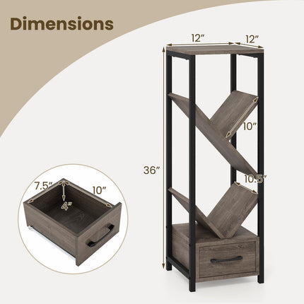 Dreamade Tree Bookshelf with Drawer, 4-Tier Narrow Bookcase with Metal Frame, Tall Floor Standing Storage Organizer for Small Space