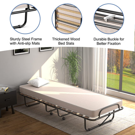 Dreamade Folding Bed with Mattress for Adults, 75" x 32" Rollaway Guest Beds w/ 3 Inch Foam Mattress & Sturdy Metal Frame