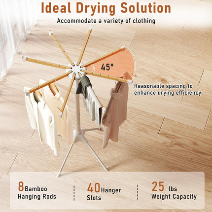 Dreamade 4 Legs Foldable Clothes Drying Rack with 8 Bamboo Hanging Rods and 40 Hanger Slots