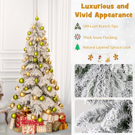 Dreamade 6ft Snow Flocked Christmas Tree for Entrances, Hinged Artificial Potted Xmas Tree with 48 Ball Ornaments