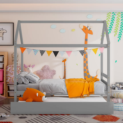 Dreamade House Bed with Trundle, Solid Wood Twin Size Daybed for Girls & Boys
