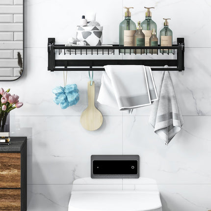 Dreamade Foldable Towel Rack for Bathroom, Wall Mounted Towel Holder Organizer w/ 1 Basket, 1 Towel Bar & 5 Sliding Hooks