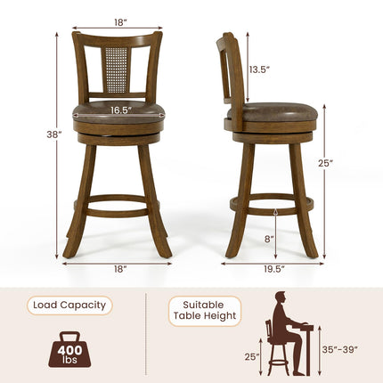 Dreamade 25" Bar Stools Set Swivel Counter Height Bar Chairs with PE Rattan Back