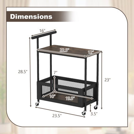 Dreamade Rolling End Table with Handle 2-Tier Sofa Side Table with Open Shelf & Mesh Basket