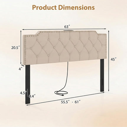Dreamade Headboard for Queen and Full Size Bed | Rivet Tufted Upholstered Head Board w/ 2 AC Outlets
