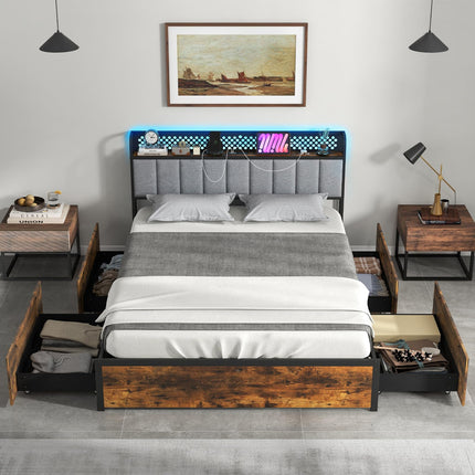 Dreamade Queen/Full/Twin Size LED Bed Frame with Charging Station, Metal Platform Bed with Upholstered Headboard & 4 Storage Drawers