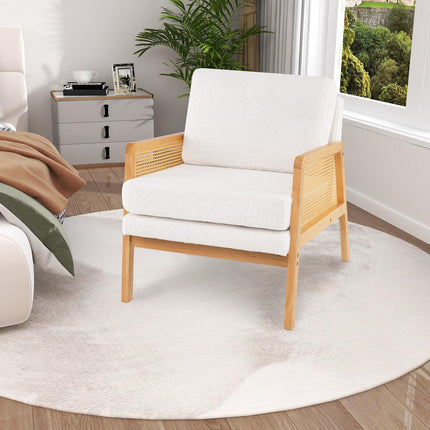 Dreamade Mid Century Modern Accent Chair, Boho Boucle Living Room Arm Chair w/Rattan Arms