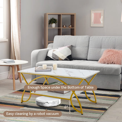 Dreamade 2-Tier Rectangular Coffee Table, Modern Chic Cocktail Table with Open Storage Shelf, White/Gold