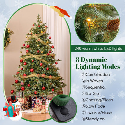 Dreamade 6ft Pre-Lit Artificial Christmas Tree, Hinged Full Xmas Pine Tree with 240 Warm White LED Lights