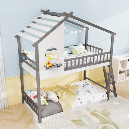 Dreamade Solid Wood Floor Bunk Bed with Ladder and Full-Length Guardrails