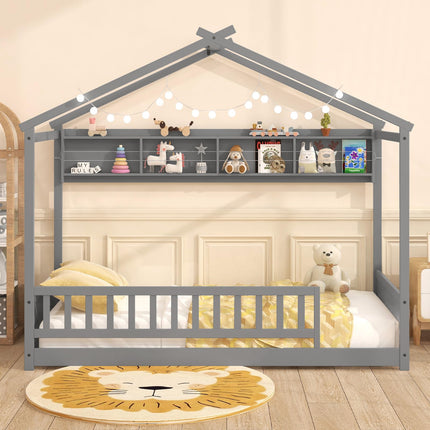 Dreamade Twin Floor House Bed with Storage Shelf, Wood Twin Bed Frames with Headboard & Guardrail