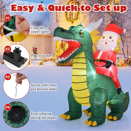 Dreamade 6.7 FT Inflatable Christmas Santa Claus Riding Dinosaur Decoration with Lights Stakes