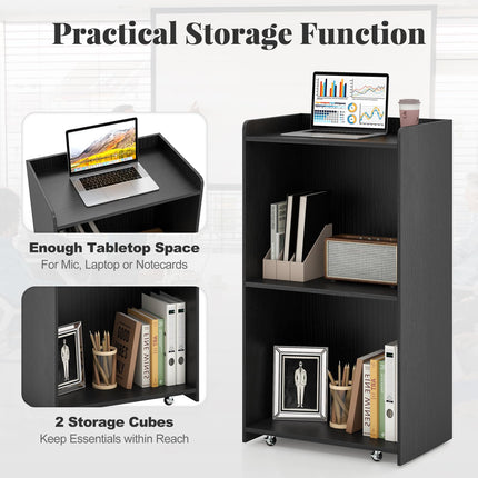 Dreamade Portable Podium Stand, Lectern Podium with 2 Storage Shelves, 4 Universal Wheels, Mobile Speaking Podium Hostess Stand Pulpits