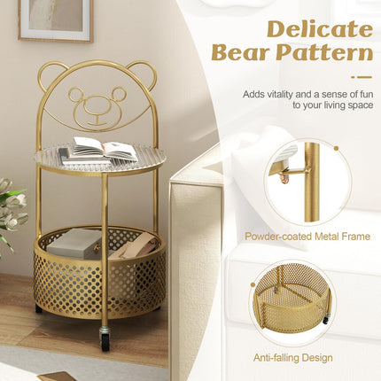 Dreamade Mobile Glass Coffee Table, 2-Tier Round End Table with Bear Pattern, Storage Basket, Metal Frame