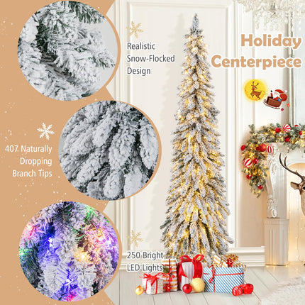 Dreamade 6ft Pre-Lit Flocked Christmas Tree, Artificial Slim Pencil Xmas Tree with 250 LED Lights