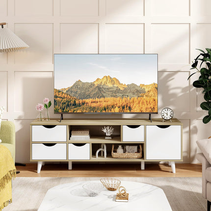 Dreamade TV Stand for 55 Inches TVs, Mid Century Modern Entertainment Center with 4 Drawers, 1 Cabinet, Adjustable Shelf, 2 Compartments