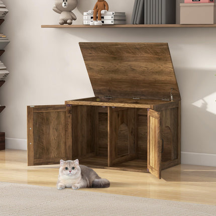 Dreamade Cat Litter Box Enclosure - Flip Top Litter Box Hidden Furniture with Barn Door, Side Entrance