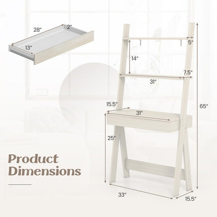 Dreamade 3 Tier Ladder Desk with Drawer, 33’’ Width Ladder Shelf with Anti-tipping Device, Freestanding Bookshelf