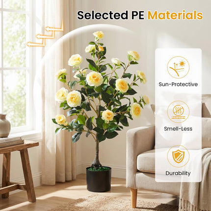 Dreamade 35.5" Artificial Camellia Tree Faux Floral Plant Blooming Tree in Cement Pot