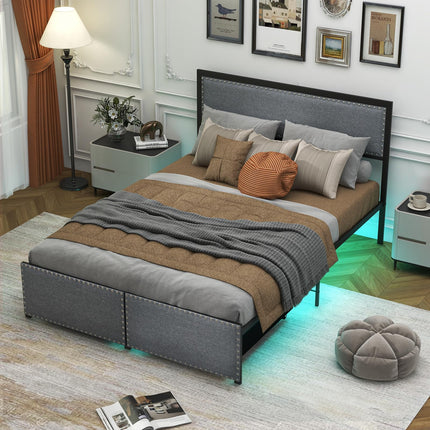 Dreamade Queen/Full/Twin Size Bed Frame with LED Lights and 2 Storage Drawers