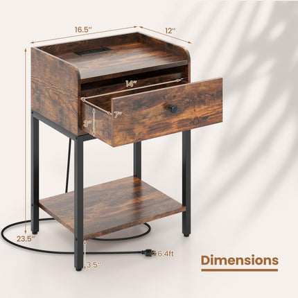 Dreamade Nightstand with Charging Station, Industrial Bedside Table with Storage Drawer & Open Shelf