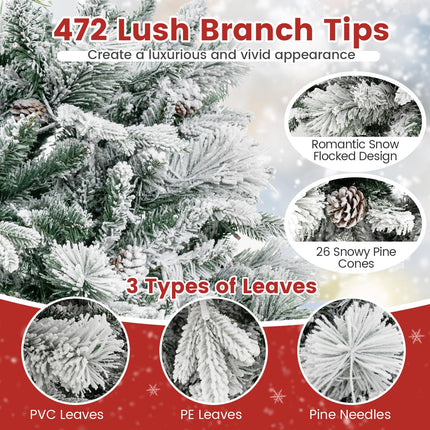 Dreamade Pre-Lit Snow Flocked Christmas Tree, Artificial Hinged Xmas Tree with 160 Multi-Color LED Lights