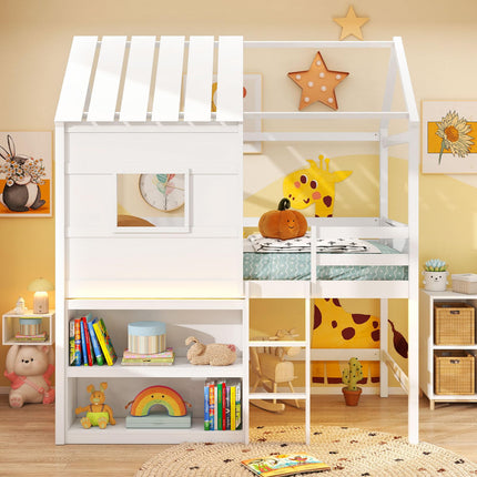 Dreamade Twin Size Loft Bed with LED Lights Roof Window and Storage Bookshelf