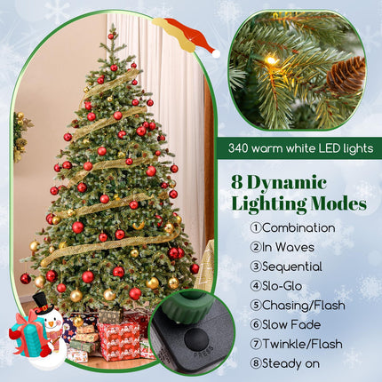 Dreamade 7ft Pre-Lit Artificial Christmas Tree, Hinged Full Xmas Pine Tree with 340 Warm White LED Lights