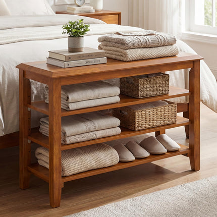 Dreamade 4-Tier Rubber Wood Shoe Rack Bench with Adjustable Shelves