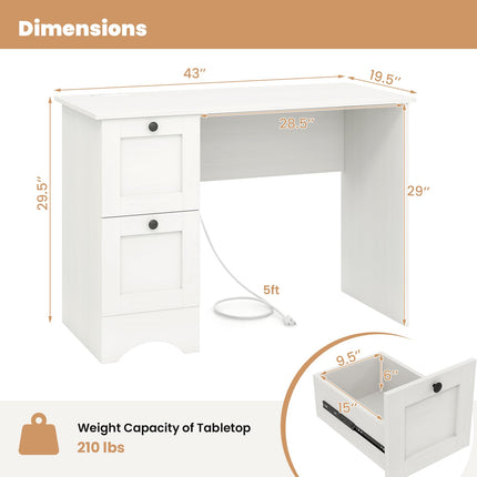 Dreamade White Desk with 2 Drawers, 43” Wooden Home Office Desk with Charging Station