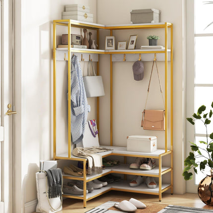 Dreamade Corner Coat Rack with Shoe Bench, L-shaped Garment Rack with 5 Shelves & 7 Hooks