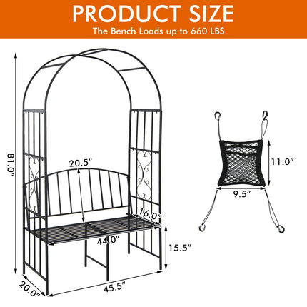 Dreamade 81in Metal Garden Arch with Bench, Outdoor Garden Arbor Archway Trellis for Climbing Plants Vines