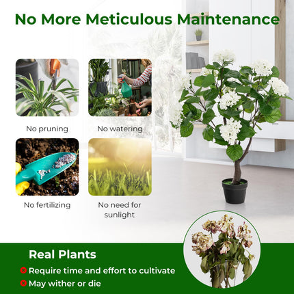 Dreamade Artificial Hydrangea Tree, 2 Pack Fake Floral Plant w/11 White Flowers & Realistic Trunk in Plastic Nursery Pot
