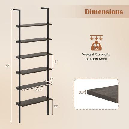 Dreamade 6-Tier Ladder Shelf, 72" Wall Mounted Bookshelf with Metal Frame, Industrial Open Storage Shelves