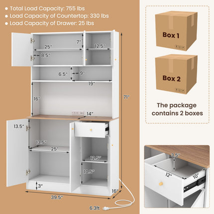 Dreamade Kitchen Pantry Cabinet, 71” Tall Buffet Cabinet with Hutch, Built-in Power Outlet