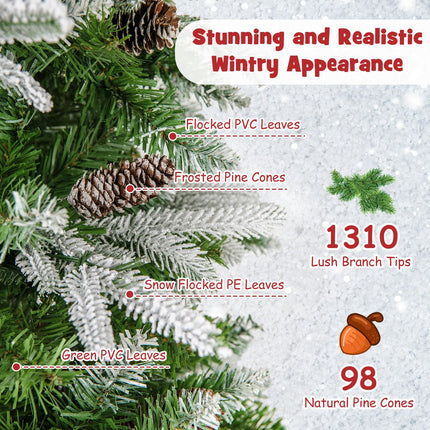 Dreamade 9 FT Pre-Lit Pencil Christmas Tree, Artificial Snow Flocked Hinged Fake Slim Xmas Tree with 470 Warm-White LED Lights