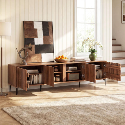 Dreamade 4-Door Slatted TV Stand for 80 Inches TVs for Living Room Bedroom