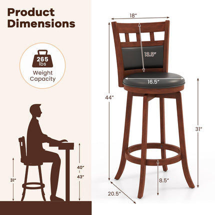 Dreamade Wood Bar Stools Set, 31" Swivel Bar Height Barstools w/Back, Rubber Wood Frame