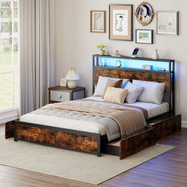 Dreamade Queen/Full Size LED Bed Frame with Charging Station & 4 Storage Drawers
