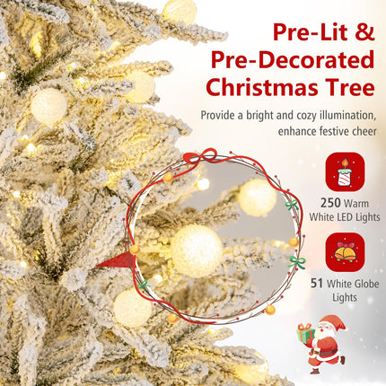 Dreamade Pre-Lit Snow Flocked Christmas Tree with Warm White LED Lights & Globe Lights